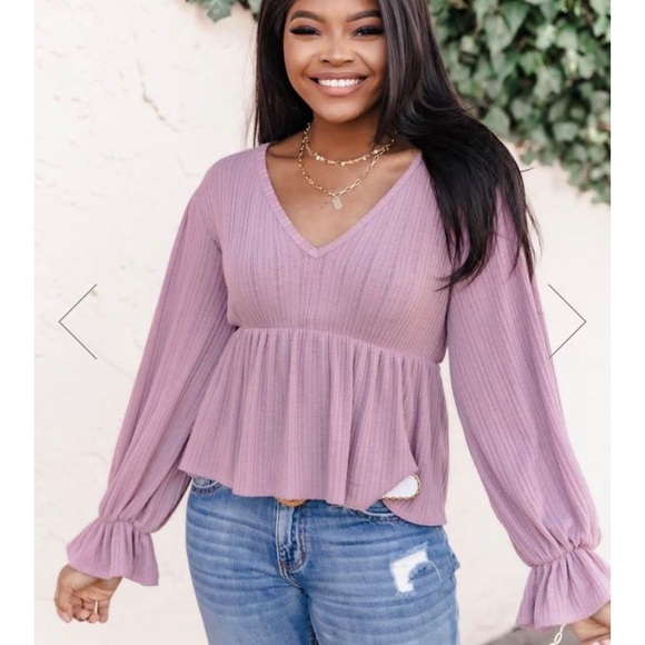 Pink Lily Tops - Cropped Peplum Blouse with Balloon Sleeves